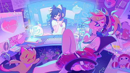 MuseDash, garotas de videogame, fones de ouvido, computador, loira, olhando para o espectador, orelhas de gato, HD papel de parede HD wallpaper