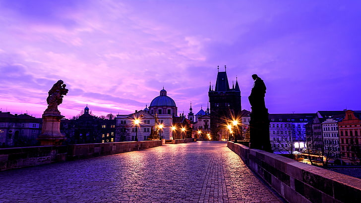プラハ、チェコ共和国、夕方、夕暮れ、カレル橋、橋、ヨーロッパ、 HDデスクトップの壁紙