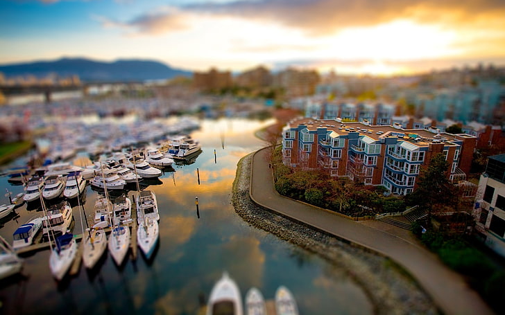 boat, British Columbia, building, Canada, city, Coast, reflection, river, sunset, Tilt Shift, vancouver, HD wallpaper