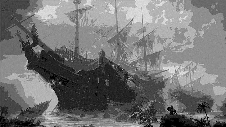 illustrazione di nave, monocromo, nero, nave, Sfondo HD