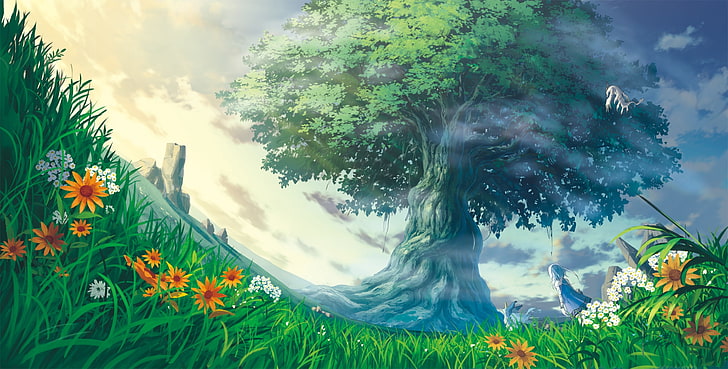 anime landscape, anime girl, tree, flowers, grass, worm view, Anime, HD wallpaper