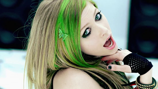 Avril Lavigne, Avril Lavigne, boca aberta, cantor, cabelos verdes, celebridade, HD papel de parede HD wallpaper