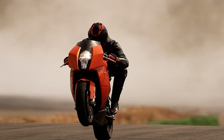 orange and black sports bike, ktm rc8, beautiful, sport bike, road, trick, HD wallpaper