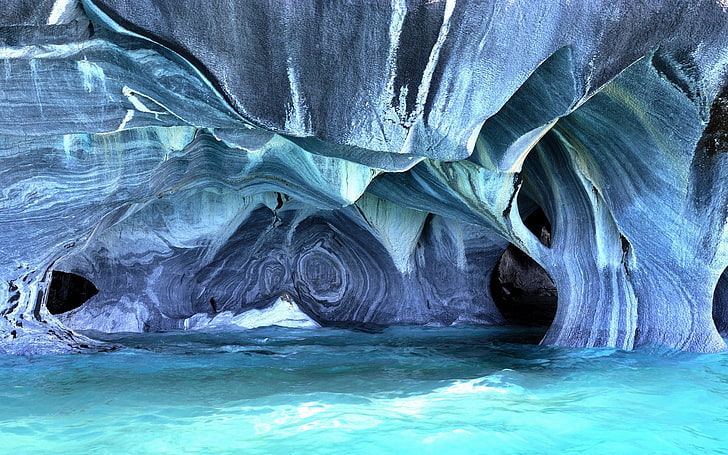 ถ้ำสีฟ้าธรรมชาติถ้ำหินนามธรรมหินหินอ่อน Patagonia อเมริกาใต้สีฟ้าทะเลคลื่นชิลีเทอร์ควอยซ์สีฟ้า, วอลล์เปเปอร์ HD