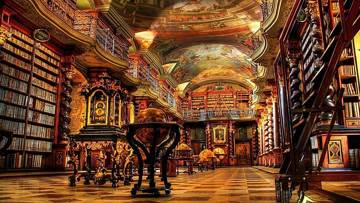 коричневый и черный стол глобус иллюстрация, библиотека, здание, архитектура, Прага, Чешская Республика, Клементинум, HD обои