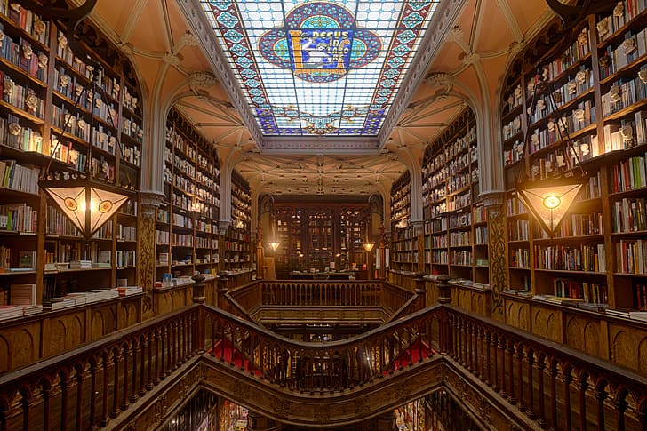 livros, estante de livros, interior, madeira, estantes, Livraria Lello, Portugal, Porto, escada, escadas, HD papel de parede
