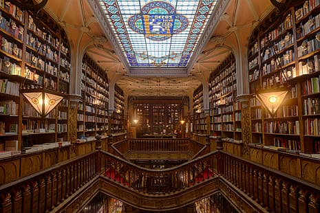 books, bookshelf, interior, wood, shelves, Livraria Lello, Portugal, Porto, staircase, stairs, HD wallpaper HD wallpaper
