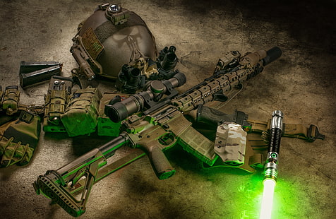 gun, ray, flashlight, rifle, helmet, assault, AR-15, semi-automatic, HD wallpaper HD wallpaper