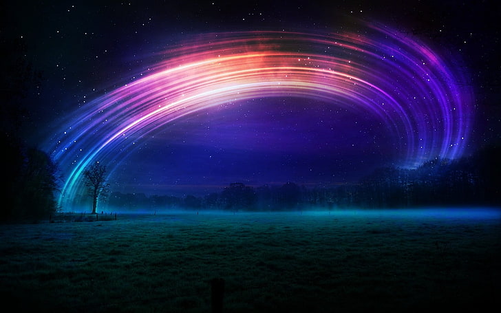 Lila und Blau Nebel Tapete, Himmel, Raum, Langzeitbelichtung, Nacht, Sterne, Landschaft, HD-Hintergrundbild