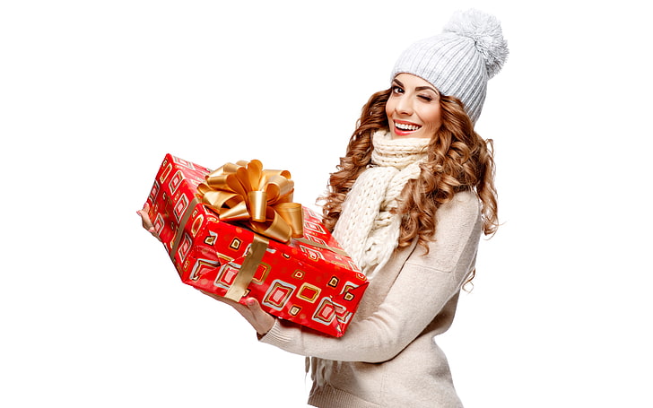 girl, joy, smile, holiday, box, gift, hat, scarf, white background, New year, brown hair, beauty, curls, ribbon, sweater, packaging, winks, HD wallpaper
