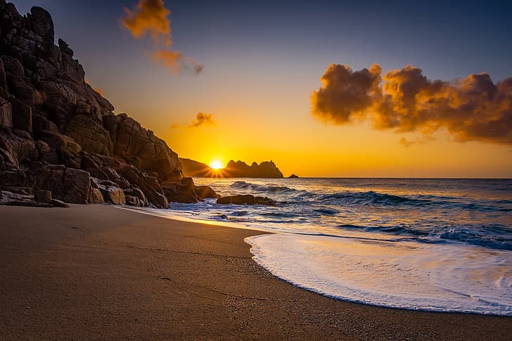 sea, beach, sunrise, rocks, dawn, coast, England, Cornwall, The Channel, English Channel, HD wallpaper