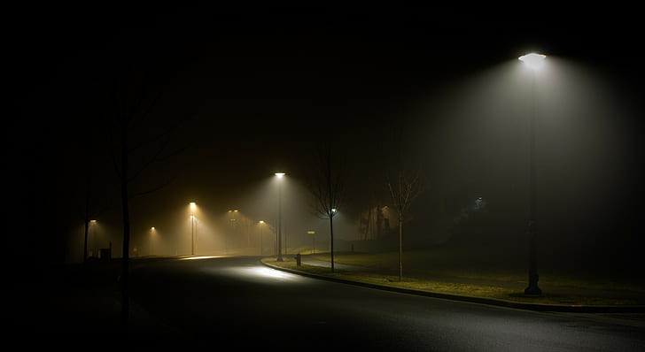 пейзаж природа улица ночь уличный фонарь туман трава весна фонарь Канада пустой город город, HD обои