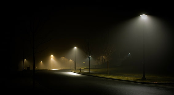 пейзаж природа улица ночь уличный фонарь туман трава весна фонарь Канада пустой город город, HD обои HD wallpaper