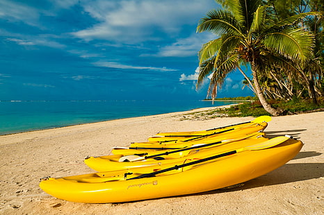 Canoës de plage du Pacifique Sud, île, plage, polynésie, exotique, lagon, bleu, jaune, rarotonga, paradis, canoës, pacifique sud, Fidji, Fond d'écran HD HD wallpaper