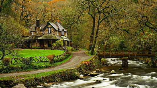 maison, chalet, forêt, route, ruisseau, Fond d'écran HD HD wallpaper