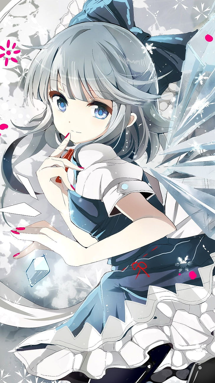 graue behaarte Mädchen animierten Charakter Wallpaper, Anime Mädchen, Cirno, Touhou, graue Haare, blaue Augen, HD-Hintergrundbild, Handy-Hintergrundbild