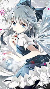 graue behaarte Mädchen animierten Charakter Wallpaper, Anime Mädchen, Cirno, Touhou, graue Haare, blaue Augen, HD-Hintergrundbild HD wallpaper