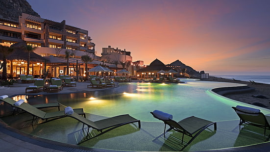 Cabo San Lucas, México, Resort, Hotel, pôr do sol, nascer do sol, piscina, espreguiçadeira, luz, viagens, férias, reservas, HD papel de parede HD wallpaper