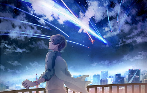 Кими но нава иллюстрации, аниме, Кими но на ва, звёзды, небо, пейзаж, горизонт, HD обои HD wallpaper