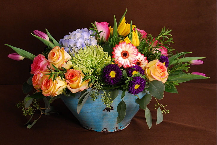 разноцветная цветочная композиция, розы, гортензия, тюльпаны, цветы, много, разные, букеты, горшок, HD обои