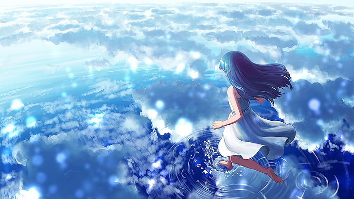 animowana dziewczyna, chmury, woda, chodzenie po wodzie, Anime, Tapety HD