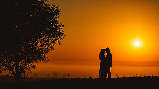 زوجين ، رومانسي ، غروب الشمس ، صورة ظلية ، 4K، خلفية HD HD wallpaper