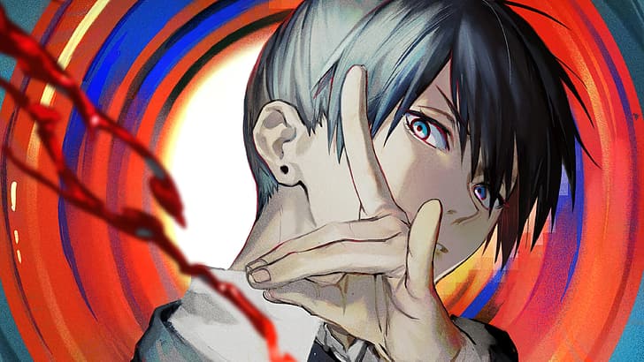 Chainsaw Man, Aki (Chainsaw Man), black hair, hand gesture, psychedelic, looking at viewer, blood, HD wallpaper