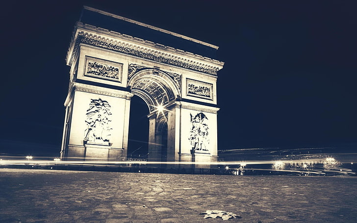 фотография, архитектура, город, ночь, Париж, памятники, Триумфальная арка, длительная экспозиция, HD обои