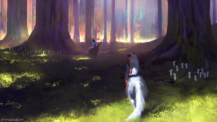 рисуване на животно, разхождащо се по гората, аниме, принцеса Мононоке, студио Ghibli, HD тапет