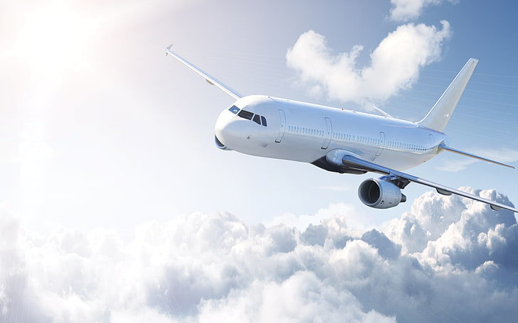 Biały samolot, biały samolot pasażerski, samoloty / samoloty, samoloty komercyjne, biały, niebo, samolot, chmura, Tapety HD