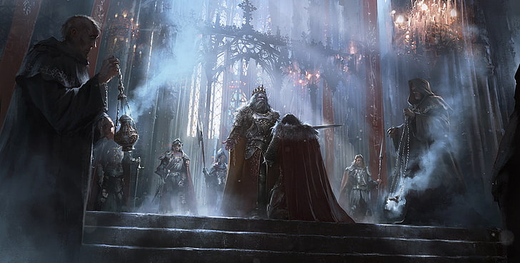 King and knight digital art, fantasy, ritual, monk, hall, knight, Kingdom, the middle ages, king, coronation, HD wallpaper
