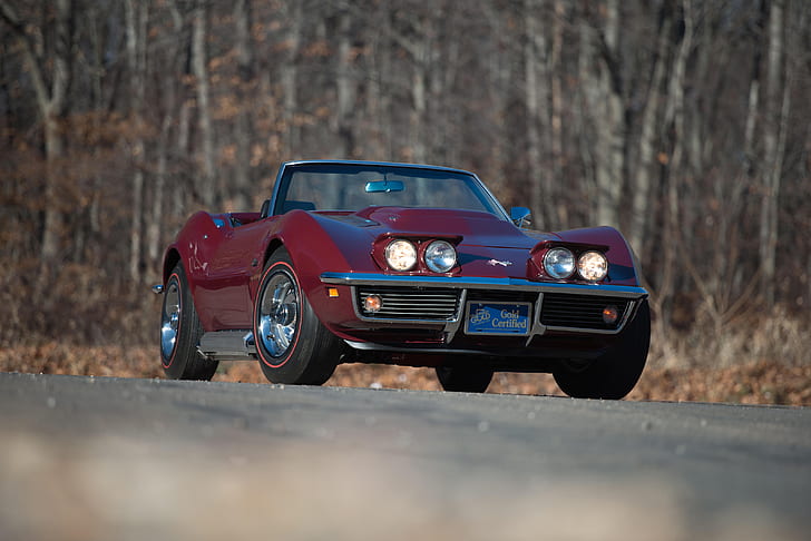 car, classic car, Chevrolet, Corvette, Chevrolet Corvette, Chevrolet Corvette C3, Chevrolet Corvette Stingray, red cars, Convertible, Cabrio, cabriolet, sports car, pop-up headlights, depth of field, trees, worm's eye view, old car, American cars, HD wallpaper