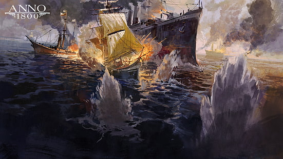  Anno 1800, 1800s, digital art, concept art, artwork, Ubisoft, sailing ship, battleships, ocean battle, explosion, HD wallpaper HD wallpaper