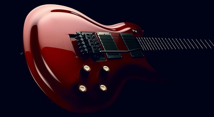 Cuerpo de guitarra eléctrica roja, música, oscuro, guitarra, brillante, diseño, instrumento, guitarra eléctrica, Cinema4D, redguitar, Washburn, Fondo de pantalla HD