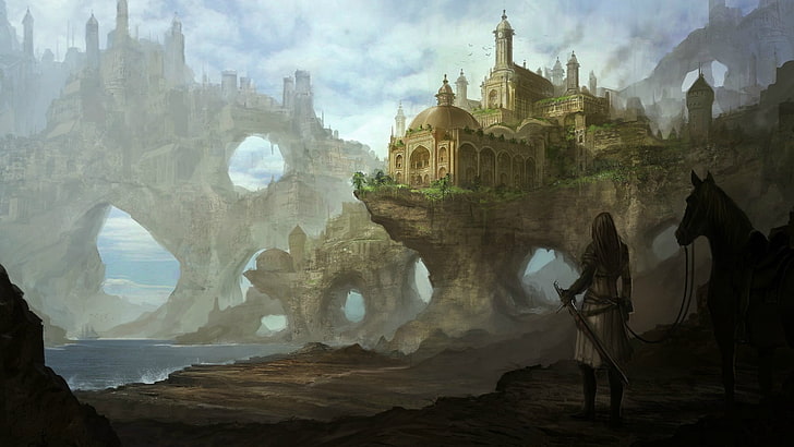 ilustração de cavaleiro e castelo, trabalho artístico, arte de fantasia, castelo, cavalo, arquitetura, mar, colina, colinas, HD papel de parede