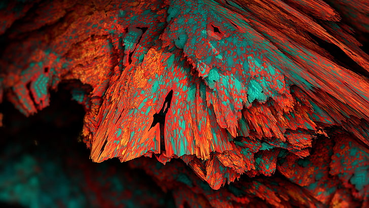 madera roja y azul, minerales procesales, mineral, colorido, abstracto, arte digital, ilustraciones, CGI, render, Fondo de pantalla HD