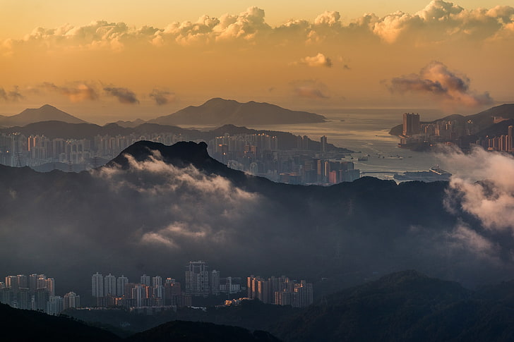 Хонконг, пристанище Виктория, небе, планини, облаци, сграда, хоризонт, HD тапет