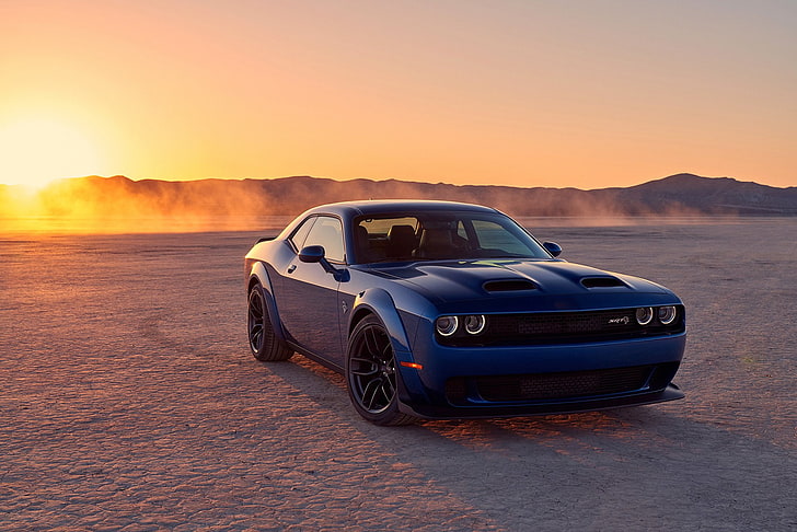 Dodge, Dodge Challenger SRT, Blue Car, Desert, Dodge Challenger SRT Hellcat, Luxury Car, Sunset, HD wallpaper