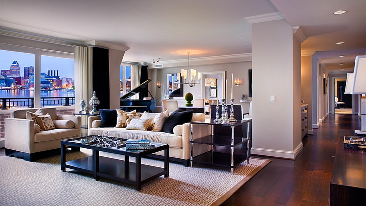 divano in camoscio beige, interior design, Sfondo HD