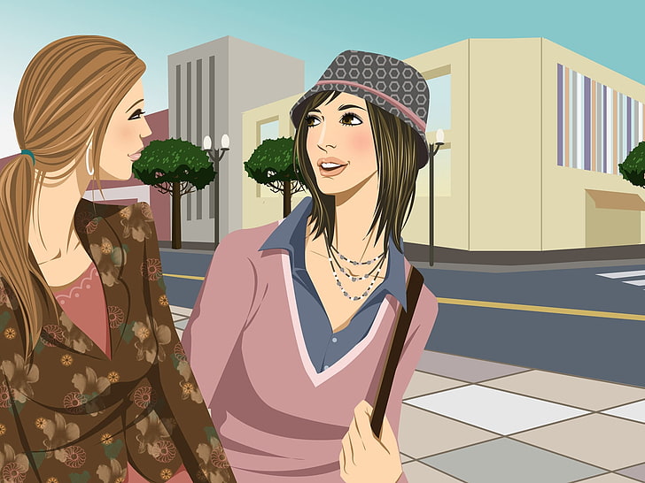 two women looking at each other illustration, fashionistas, girlfriends, girls, walk, HD wallpaper