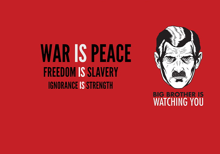 ilustrasi manusia dengan hamparan teks, kumis, kebebasan, kekuasaan, perang, masa lalu, dunia, 1984, kakak laki-laki, Orwell, ketidaktahuan, perbudakan, Wallpaper HD