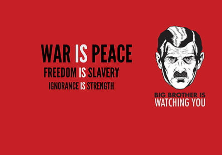 man illustration with text overlay, mustache, freedom, power, war, past, the world, 1984, big brother, Orwell, ignorance, slavery, HD wallpaper HD wallpaper