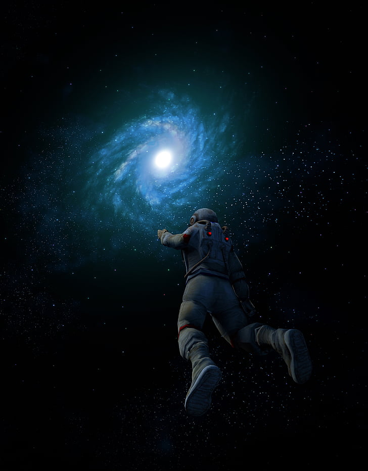 иллюстрация астронавта, астронавт, спиральная галактика, скафандр, туманность, космос, вселенная, HD, HD обои, телефон обои