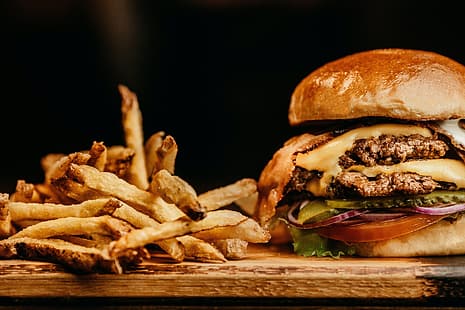 cibo, patatine fritte, patatine fritte, hamburger, carne, Sfondo HD HD wallpaper