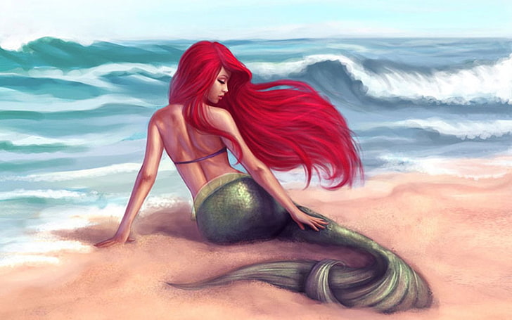 Ariel seduto sulla riva dipinto, la sirenetta, spiaggia, oceano, Sfondo HD