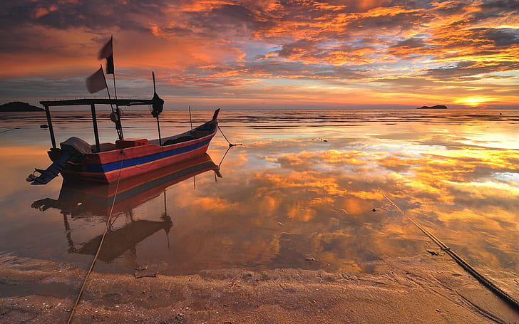 Mar, playa, barco, puesta de sol, reflejo de agua, Mar, playa, barco, puesta de sol, agua, reflexión, Fondo de pantalla HD