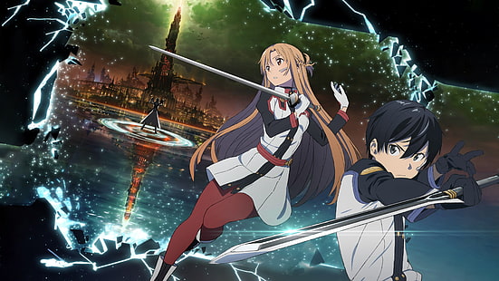 Sword Art Online Kirito e Asuna illustrazione, anime, Sword Art Online, Yuuki Asuna, paesaggio, spada, Kirigaya Kazuto, Sfondo HD HD wallpaper