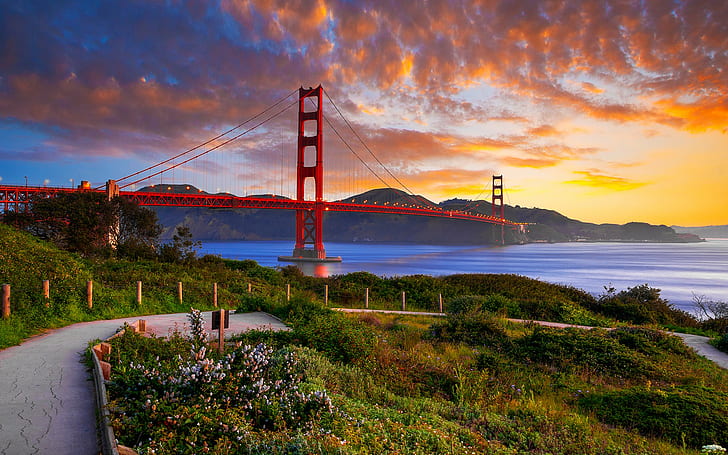 Golden Gate bridge, photo of london bridge, Golden Gate, the sky, clouds, evening, Sunset, bay, bridge, mountains, HD wallpaper