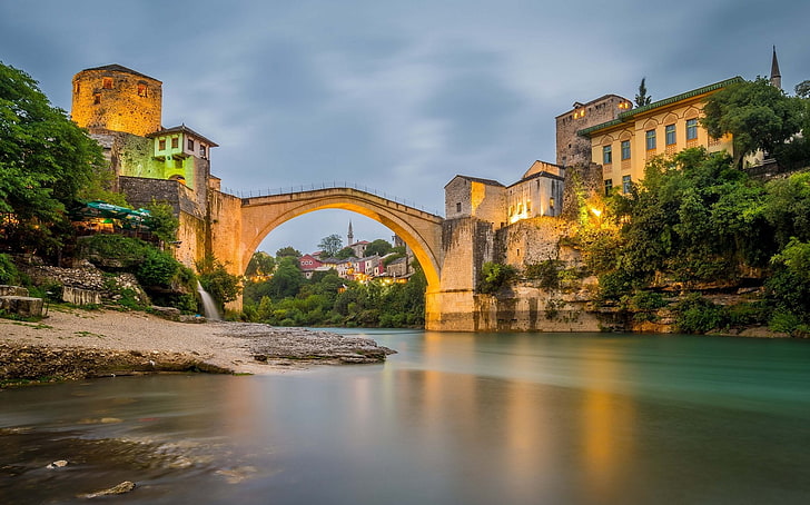bosnia, bridge, herzegovina, mostar, neretva, rive, river, HD wallpaper