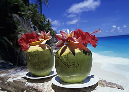 Coconut Cocktail for Adelina :), tropical, islands, pacific, lagoon, flowers, south, beach, sand, ocean, blue, paradise, coconut, island, cock, HD wallpaper HD wallpaper